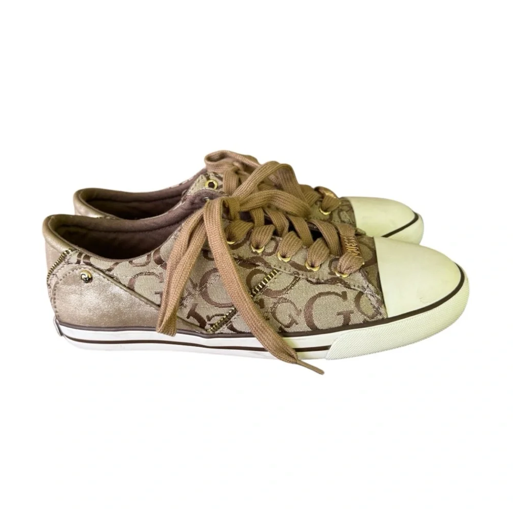 Guess Women's Tan & Brown Faux Leather Zip Sneakers WGHartly 2-C Blue Size 7.5